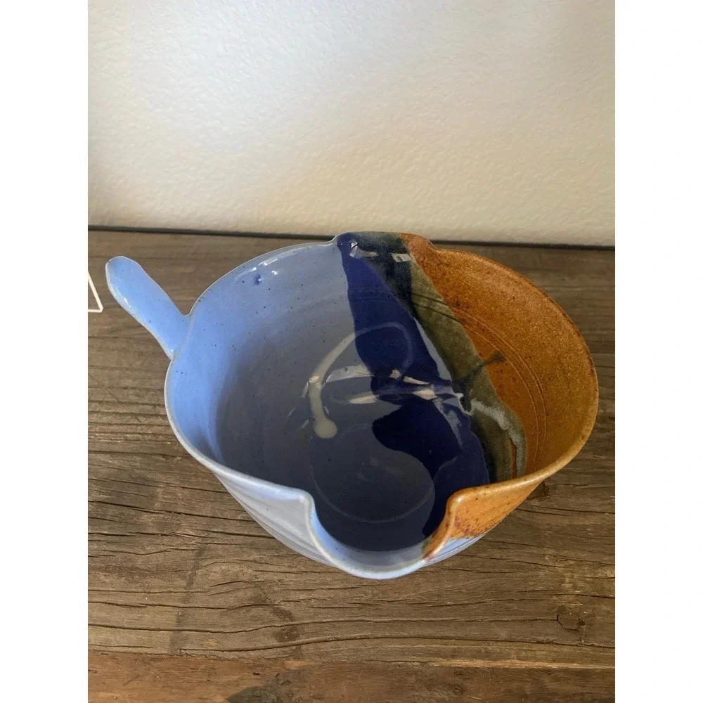Studio Pottery Hand-Thrown Stoneware Batter Bowl Signed KH Periwinkle Blue